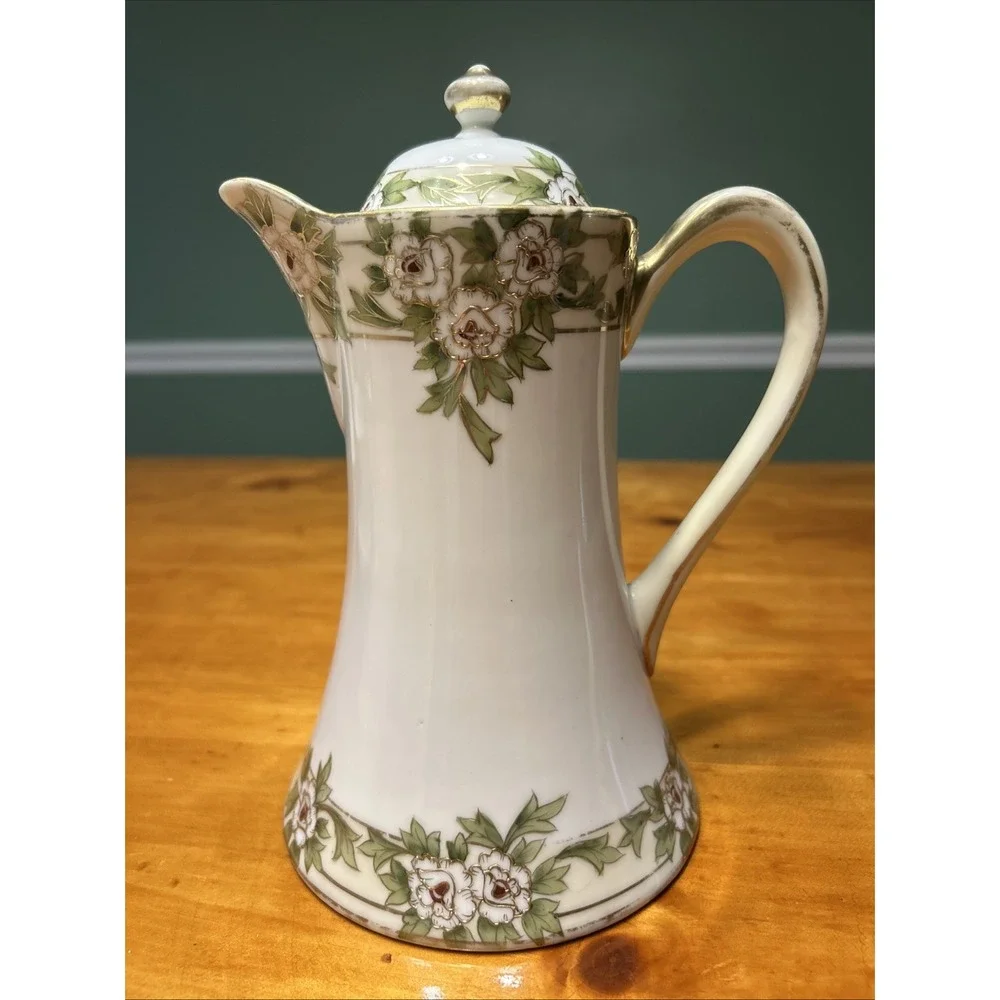 Antique Cottagecore Hand Painted Nippon Chocolate Pot Floral Gold Gilt Porcelain